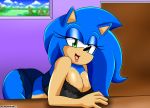  anthro bent_over blue_body blue_fur breasts cleavage clothed clothing crossgender eulipotyphlan female fur green_eyes green_hill_zone half-closed_eyes hedgehog humanoid inside lingerie lipstick looking_at_viewer makeup mammal mtf_crossgender narrowed_eyes open_mouth open_smile seductive sega smile solo sonic_the_hedgehog sonic_the_hedgehog_(series) tan_body tan_skin the_knight video_games 
