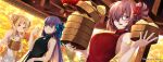  3girls abigail_williams_(fate) bamboo_steamer bangs bare_shoulders black_dress blonde_hair blue_eyes blue_ribbon blush breasts china_dress chinese_clothes dim_sum double_bun dress fate/extra fate/extra_ccc fate/grand_order fate_(series) forehead glasses hair_over_one_eye hair_ribbon highres keyhole large_breasts light_purple_hair long_hair looking_at_viewer mash_kyrielight meltryllis_(fate) multiple_girls parted_bangs purple_eyes purple_hair red_dress red_eyes ribbon short_hair sidelocks small_breasts smile unlock-creed very_long_hair white_dress 