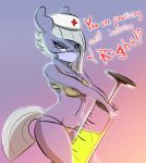  anthro bra breasts clothing dialogue equid equine female friendship_is_magic horse kennzeichen limestone_pie_(mlp) mammal my_little_pony nurse panties pony solo syringe text underwear wide_hips 