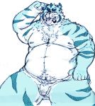  2012 anthro balls bara_29 belly blue_body blue_fur felid flaccid fur genitals hi_res humanoid_genitalia humanoid_hands humanoid_penis kemono male mammal moobs nipples overweight overweight_male pantherine penis simple_background solo tiger tongue tongue_out white_background white_body white_fur 