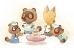  2017 animal_crossing anthro belly blush bottomwear canid canine clothing cookie crazy_redd eyes_closed food fox group hat headgear headwear hellox2 mammal nintendo pants raccoon_dog shirt sitting slightly_chubby tanuki timmy_nook tom_nook_(animal_crossing) tommy_nook topwear video_games 