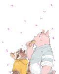  2020 ailurid anthro belly clothing domestic_pig duo eating food hoodie kemono mammal pink_body red_panda simple_background slightly_chubby suid suina sus_(pig) takakei1 topwear 