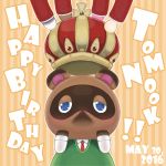  1:1 2016 animal_crossing anthro blue_eyes brown_body brown_fur canid canine chibi clothing crown fur hellox2 mammal necktie nintendo raccoon_dog shirt slightly_chubby solo_focus tanuki text tom_nook_(animal_crossing) topwear video_games 