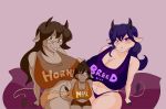  absurd_res anthro blue_eyes bottomwear bovid bovine bra breasts brown_eyes brown_hair cattle clothing eyewear female fingers g-string glasses group hair hi_res hooved_fingers horn luxianne mammal pillow purple_eyes purple_hair shorts sitting tail_tuft tongue tongue_out tuft underwear 