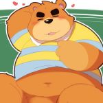  &lt;3 1:1 2020 96tning animal_crossing anthro belly black_nose blush brown_body brown_fur clothing eyes_closed fur kemono male mammal navel nintendo overweight overweight_male shirt sitting solo teddy_(animal_crossing) topwear ursid video_games 