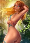  2020 blonde_hair breasts butt clothed clothing darkra digital_media_(artwork) female green_eyes hair humanoid humanoid_pointy_ears hylian long_hair looking_at_viewer mammal nintendo nipples not_furry outside pinup pose princess_zelda skimpy solo standing the_legend_of_zelda video_games 