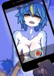  2019 anthro areola big_breasts blue_body blue_fur blue_hair blush breast_grab breast_squeeze breasts canid canine cellphone duo female female_on_top fingers fox fur hair hand_on_breast kemono looking_at_viewer looking_pleasured mammal nanahoshi_suzu nipples ohakotome on_top open_mouth pawpads phone sex smartphone yellow_eyes 