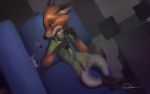  16:10 2019 anthro bird&#039;s-eye_view bottomwear canid canine cellphone clothed clothing darkanine121212 disney fox fully_clothed fur furniture high-angle_view inside lying male mammal necktie nick_wilde on_back orange_body orange_fur pants phone red_fox shirt smile sofa solo topwear widescreen zootopia 