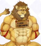  abs absurd_res anthro arms_tied blush bodily_fluids bound brown_body brown_fur brown_mane doggycoffee english_text felid fur genitals hands_behind_back hi_res lion male mammal mane muscular muscular_male nude orange_eyes pantherine pattern_background penis penis_base sign simple_background solo sweat tail_tuft text tuft 