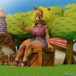  1:1 2020 3d_(artwork) activision anthro bandicoot bare_shoulders belt big_breasts black_nose blonde_hair blue_bottomwear blue_clothing blue_shorts blue_sky bottomwear breasts building clothed clothing crash_bandicoot_(series) crate day denim denim_clothing digital_media_(artwork) english_text eyebrows eyelashes eyeshadow female footwear fur grass green_eyes hair hi_res holding_object house huge_breasts legwear long_hair looking_at_viewer makeup mammal marsupial midriff navel outside pink_clothing pink_eyeshadow pink_shirt pink_topwear red_clothing red_footwear red_shoes shirt shoes shorts sitting sky smile socks solo tahlian tan_body tan_fur tawna_bandicoot text thick_thighs topwear tree video_games wavy_hair white_clothing white_legwear white_socks wumpa_fruit 