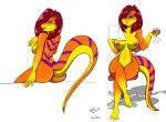  2018 alcohol anthro beverage eyewear female glasses green_eyes hair hi_res holding_beverage holding_object lizard looking_back nipples paper purple_body purple_scales red_hair reptile sailoranna scales scalie siobhan_(graphite) solo 