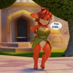  1:1 2020 3d_(artwork) activision anthro big_breasts breasts castle cleavage clothed clothing curvy_figure day digital_media_(artwork) dress elora english_text eyebrows faun female fur grass green_clothing green_dress green_eyes hair hands_on_hips hi_res hooves leaf_clothing looking_at_viewer outside pose short_hair smile solo speech_bubble spyro_reignited_trilogy spyro_the_dragon standing tahlian tan_body tan_fur text thick_thighs tree video_games voluptuous wide_hips 