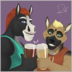  1:1 2018 5_fingers alcohol anthro beer beverage black_body black_eyebrows black_fur black_nose blonde_hair blue_eyes border brown_body brown_fur canid canine canis clothed clothing cup digital_media_(artwork) dog_tags domestic_dog duo equid equine eyebrows fingers fur german_shepherd glass green_clothing green_eyes green_shirt green_topwear grey_border grin hair herding_dog holding_cup holding_object horse humanoid_hands jodira looking_at_viewer male mammal multicolored_body multicolored_fur open_mouth orange_clothing orange_topwear pastoral_dog pilot_(character) purple_background red_hair rov shirt short_hair signature simple_background sleeveless_hoodie smile standing tank_top teeth topwear two_tone_body two_tone_fur white_body white_eyebrows white_fur 
