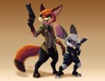  2020 absurd_res anthro bad_trigger_discipline brown_background canid canine clothed clothing disney duo female fox fully_clothed fur grey_body grey_fur hi_res holding_gun holding_object holding_weapon jo-vee-al judy_hopps lagomorph leporid male mammal nick_wilde open_mouth open_smile orange_body orange_fur purple_eyes rabbit red_fox simple_background smile standing weapon zistopia zootopia 