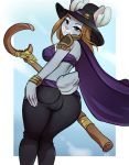 anthro breasts butt camel_toe clothing delki female hat headgear headwear hi_res lagomorph leporid looking_at_viewer looking_back magic_user mammal rabbit solo spread_butt spreading staff witch witch_hat 