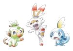  2020 ambiguous_gender anthro cosmo_(artist) feral fur grookey hi_res lagomorph looking_at_viewer mammal nintendo open_mouth pok&eacute;mon pok&eacute;mon_(species) primate red_eyes reptile scalie scorbunny smile sobble style_parody teeth video_games white_body white_fur 