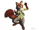  2018 anthro barefoot bottomwear brown_body brown_fur canid canine cheek_tuft clothed clothing darkanine121212 disney facial_tuft fox fully_clothed fur light lighting male mammal necktie nick_wilde pants pose red_fox shadow shirt solo topwear tuft zootopia 