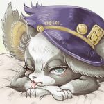  1:1 black_body black_fur blue_eyes boston_terrier canid canine canis claws clothing domestic_dog feral fur hat headgear headwear hunting_dog iggy_(jjba) jojo&#039;s_bizarre_adventure low_res lying mammal molosser multicolored_body multicolored_fur oag_(artist) one_eye_closed small_molosser solo terrier tongue tongue_out toy_dog white_body white_fur 