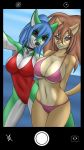  anthro aventis aventis_vixxx beach big_breasts blue_hair breasts camera canid canine cellphone clothed clothing duo eyewear felid feline female female/female fox fur green_body green_fur hair hi_res hud jewelry lion looking_at_viewer mammal navel necklace nitska pantherine pentagram phone red_hair seaside selfie smartphone smile sunglasses swimwear tan_body tan_fur water 