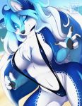  anthro arctic_fox bikini black_claws black_nose black_paws blue_body blue_clothing blue_eyes blue_fur blue_hair blue_tail breasts canid canine canis chest_tuft claws clothed clothing female fox fur gradient_background gradient_hair hair half-closed_eyes inner_ear_fluff looking_at_viewer mammal multicolored_body multicolored_fur narrowed_eyes navel rubber saphayla_(zelianda) simple_background skimpy skwidbone sling_bikini smile solo swimwear tuft white_body white_fur white_hair zelianda 