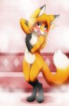  2020 amber_(mancoin) anthro barely_visible_genitalia barely_visible_pussy bathroom black_body black_fur black_nose blush breasts canid canine caught darkmirage digital_media_(artwork) embarrassed exposed female fingers fox foxyverse fur genitals hair heterochromia hi_res long_hair looking_at_viewer mammal navel nipples nude open_mouth orange_body orange_fur pussy shower small_breasts solo standing walked_in_on white_body white_fur 