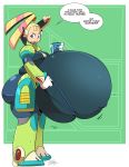  absurd_res android armor belly beverage big_belly big_butt blonde_hair blue_eyes breasts butt capcom clothed clothing english_text female fully_clothed hair hi_res humanoid hyper hyper_belly machine mega_man_(series) megaman_x overweight reploid robot simple_background solo speech_bubble text unknown_artist video_games 