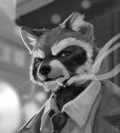  2020 absurd_res anthro backbone_(game) cigarette clothing hi_res howard_lotor male mammal monochrome necktie neungsonie portrait procyonid raccoon shirt smoke smoking solo topwear 