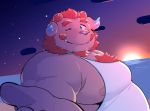  12beat13 anthro beach chernobog demon facial_hair fur horn looking_at_viewer male musclegut mustache nipples one_eye_closed overweight overweight_male pecs pink_body pink_fur seaside solo sunset tokyo_afterschool_summoners video_games wink 