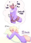  &lt;3 balls big_penis blonde_hair blush bodily_fluids breasts butt circumcised clothing cute_fangs dark_elf dark_skin dee_(hoodie) dream duo elf female genitals glans gynomorph hair half-closed_eyes hi_res hoodie hoodie_(artist) humanoid humanoid_genitalia humanoid_penis intersex legwear light_skin lying male_(lore) masturbation max_(hoodie) mostly_nude narrowed_eyes nipple_outline not_furry on_front onomatopoeia open_mouth open_smile penile penile_masturbation penis pillow pillow_hug pink_glans purple_clothing purple_eyes purple_hoodie purple_thigh_highs purple_topwear saliva signature simple_background smile solo_focus sound_effects sweat sweater text tongue topwear url white_background 