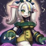  1:1 4_fingers anthro blonde_highlights blue_highlights bovid breasts caprine character_request chatora_(pixiv) clothing female fingerless_gloves fingers full_bokko_heroes_x fullbokko_heroes gloves green_clothing green_handwear hair handwear highlights_(coloring) horizontal_pupils horn looking_at_viewer mammal multicolored_hair solo white_hair 