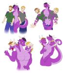  2017 3_heads anthro big_breasts bottomwear breasts bulge clothing dragon fayv female gender_transformation group hi_res horn horn_growth human human_to_anthro male mammal merging mtf_transformation multi_head pants pink_body pink_scales scales sequence shirt simple_background smile species_transformation topwear transformation white_background 