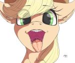  2020 absurd_res applejack_(mlp) azerta56 digital_media_(artwork) earth_pony equid equine eyebrows eyelashes female feral friendship_is_magic front_view green_eyes hi_res horse looking_at_viewer mammal mouth_shot my_little_pony open_mouth pony signature simple_background solo teeth tongue white_background 