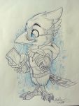  2020 3:4 3_toes anthro avian beak bird blue_eyes bluebird clothing feathered_wings feathers hi_res hoodie kashmere male phone solo toes topwear traditional_media_(artwork) wings 