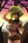  absurd_res bandeau belt big_breasts blue_eyes bottomwear breasts cleavage clothed clothing elf female green_hair hair hand_on_hair hand_on_head hi_res humanoid humanoid_pointy_ears looking_at_viewer monotone_hair navel not_furry oppaihobby outside topwear 