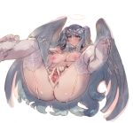  2019 angel anus bow_(artist) breasts butt clothing feathered_wings feathers female garter_straps genitals halo hand_on_breast humanoid inverted_nipples legwear nipples not_furry presenting presenting_pussy pussy simple_background solo spread_pussy spreading thigh_highs white_background wings 