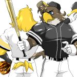  1:1 2012 accipitrid accipitriform anthro avian baseball_bat baseball_glove bat_(object) beak belt bird blue_eyes bottomwear chikuwabu clothed clothing duo feathers fukuoka_softbank_hawks fully_clothed gloves handwear harry_hawk hat headgear headwear herculy_hawk holding_hat male mascot monotone_beak monotone_handwear muscular muscular_male nippon_professional_baseball simple_background topwear white_background white_bottomwear white_clothing white_gloves white_handwear yellow_beak yellow_body yellow_feathers 