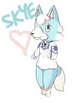  &lt;3 absurd_res animal_crossing anthro blue_body blue_fur bottomless canid canine canis clothed clothing dayynieldoodle digital_media_(artwork) dress female fur hi_res mammal nintendo paws pink_body pink_fur simple_background skye_(animal_crossing) smile solo standing text video_games wolf 