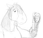  2020 anthro black_and_white clothing draft_horse ears_down equid equine feathering female fetlocks fur hair hi_res hladilnik horse mammal mask medical_instrument monochrome pivoted_ears sad scientific_instrument simple_background sketch solo surgical_mask tinker_(hladilnik) topwear 