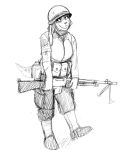  2020 armor assault_rifle belt black_and_white canid canine canis canteen clothed clothing combat_helmet domestic_dog female gun headgear helmet hi_res hladilnik holding_gun holding_object holding_weapon looking_at_viewer mammal military military_uniform monochrome portrait ranged_weapon rifle samantha_thott simple_background smile solo standing uniform utility_belt weapon white_background 