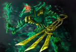  absurd_res armor bionicle digital_drawing_(artwork) digital_media_(artwork) gold_body green_body hi_res humanoid lego machine melee_weapon multicolored_body not_furry open_mouth partial pavelppp piraka protodite robot sharp_teeth simple_background skakdi smile solo standing sword teeth tongue tongue_out two_tone_body weapon zaktan 