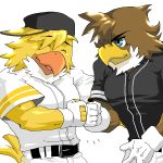  1:1 accipitrid accipitriform anthro avian beak belt bird black_clothing black_shirt black_topwear bottomwear chikuwabu clothed clothing duo eyes_closed feather_tuft feathers fist_bump fukuoka_softbank_hawks fully_clothed gesture gloves handwear harry_hawk herculy_hawk male mascot monotone_beak multicolored_body multicolored_clothing multicolored_feathers multicolored_shirt multicolored_topwear muscular muscular_male nippon_professional_baseball open_beak open_mouth orange_beak shirt topwear tuft two_tone_body two_tone_clothing two_tone_feathers two_tone_shirt two_tone_topwear white_body white_bottomwear white_clothing white_feathers white_gloves white_topwear yellow_beak yellow_body yellow_clothing yellow_feathers yellow_shirt yellow_tail yellow_topwear 