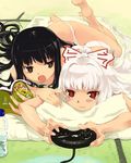  barefoot bed black_hair blush breasts brown_eyes duplicate flat_chest fujiwara_no_mokou game_console houraisan_kaguya long_hair lying multiple_girls on_stomach open_mouth panties pillow playing_games reading red_eyes ribbon sega_mega_drive small_breasts topless touhou underwear video_game white_hair white_panties yuu_(kfc) 