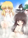  black_hair blonde_hair flat_chest hakurei_reimu hat kirisame_marisa long_hair multiple_girls nipples nude onsen ry touhou witch_hat yellow_eyes yin_yang 