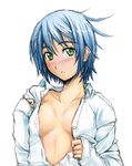  areolae blue_hair blush breasts double_arts figarette_elraine green_eyes kiricha medium_breasts open_clothes open_shirt shirt short_hair solo 