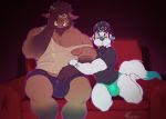  anthro beard blush bulge canine clothed clothing duo facial_hair kneeling male mammal marlon.cores marlon_(marlon.cores) musclegut muscular muscular_male nipples pecs porcine sitting underwear 