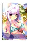  animal_ears between_breasts bikini bracelet breasts bunny_ears cleavage corndog food front-tie_top hair_ornament hairclip highres ice_cream jewelry large_breasts long_hair morogami_ryou pink_hair reisen_udongein_inaba sexually_suggestive solo strap_gap striped striped_bikini suggestive_fluid swimsuit touhou 