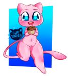  2017 alpha_channel anthro big_eyes blue_background blue_eyes blush eyebrows eyelashes female food front_view fur genitals gradient_background holding_food holding_object legendary_pok&eacute;mon looking_at_viewer mammal mew muffin navel nintendo nude open_mouth open_smile pink_body pink_fur pink_tail plumppanther_(artist) pok&eacute;mon pok&eacute;mon_(species) pussy signature simple_background smile teeth thick_thighs tongue transparent_background video_games wide_hips 