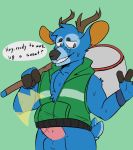  animal_crossing anthro balls bam_(animal_crossing) blue_body blue_fur bodily_fluids bug_net cervid english_text erection erection_under_shirt freckles fur genitals hi_res horn knightmeal male mammal nintendo penis solo sweat text video_games 