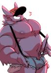  anthro better_version_at_source big_muscles big_pecs bottomwear clothed clothing cutoffs daisy_dukes denim denim_clothing fur gengar hat headgear headwear hidden_eyes hotpants kokuhane kokuhane_(character) male muscular muscular_male musical_note navel nintendo nipples pecs pok&eacute;mon pok&eacute;mon_(species) purple_body purple_fur shorts simple_background smile solo stretched_clothing stubble suspenders topless video_games white_background 