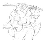  ambiguous_species anthro bared_chest belt bottomwear canid canine clothing curved_sword flexing grin hair holding_object horn looking_at_viewer male mammal melee_weapon monochrome muscular navel pants sachiel_666 sketch smile solo sword topwear vest weapon 